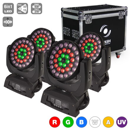 Flash 4xLED Moving Head 36x15W RGBWAUV 6in1 ZOOM 3 Sections + case